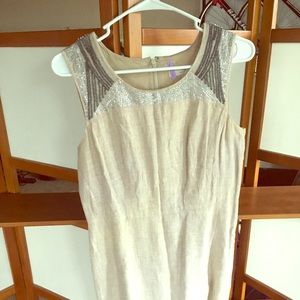 Tan Linen Anne Taylor Sheath Dress with Beading